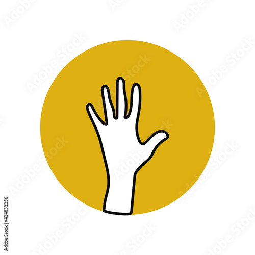 Hand icon with black outline in a yellow circle. The struggle of activists for equality. Voting in elections. Smartphone user interface button in the app. Vector graphics.