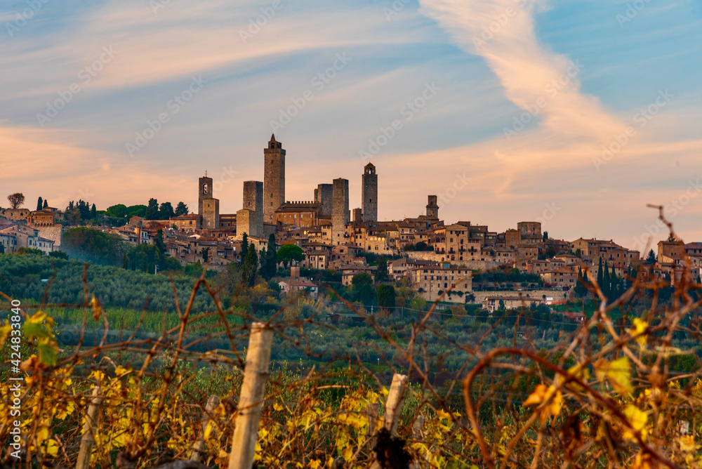 San Gimignano, Tuscany: November 10 2021: panorama of the city of towers in Tuscany in autumn