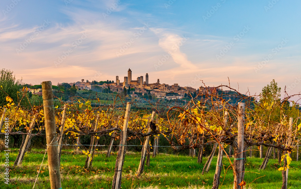San Gimignano, Tuscany: November 10 2021: panorama of the city of towers in Tuscany in autumn