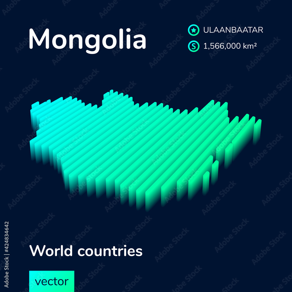 Stylized neon simple digital isometric striped vector Mongolia map, with 3d effect.  Map of Mongolia is in green, turquoise and mint colors on the dark blue background