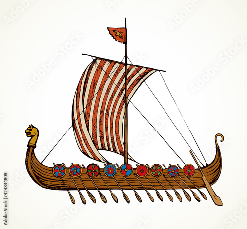 Ancient Viking ship. Vector drawing