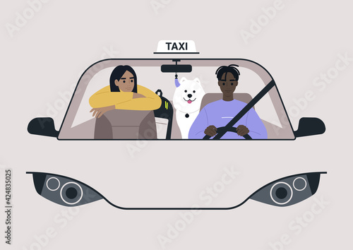 City taxi service, two characters and a dog riding a car, a windshield view