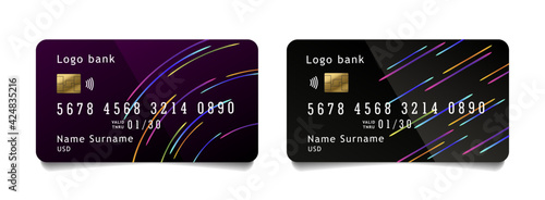 Modern credit card template design with bright neon lines in abstract movement on dark backdrop