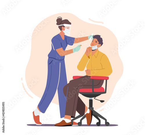 Nurse Take Covid Test from Male Character in Laboratory, Doctor Put Cotton Swab into Nose. Health Care Concept