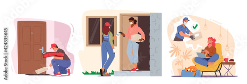 Set Safe Delivery Service Concept. Courier Characters Delivering Grocery and Post Parcels Order to Home of Customer