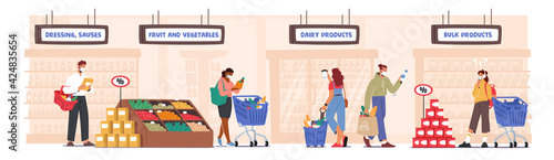 People Visiting Supermarket for Buying Grocery at Coronavirus Pandemic. Men or Women Wear Face Masks Shopping Routine