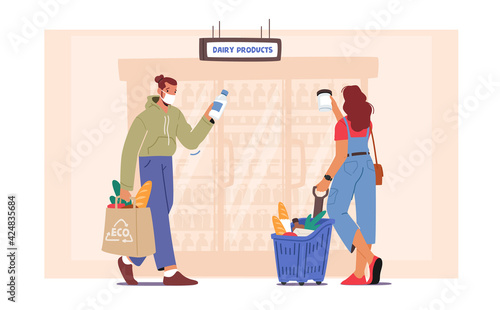 Couple in Face Masks Making Purchases in Store Taking Products from Shop Shelf. Man with Shopping Cart in Supermarket