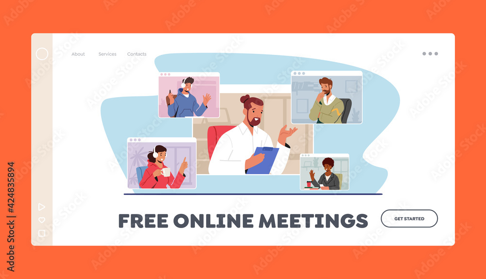 Free Online Meetings Landing Page Template. Workers Webcam Group  Conference. Business Characters, Speak on Video Call Stock Vector | Adobe  Stock