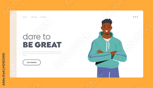 Dare to be Great Landing Page Template. Young Black Man in Sportswear. Male Character Posing with Crossed Arms