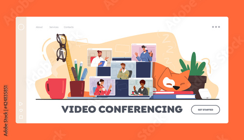 Video Conference, Webcam Group Teleconference Landing Page Template. Business Characters, Office Employees Chat