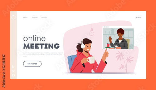 Online Meeting Landing Page Template. Workers Webcam Video Conference on Pc. Female Character Business Employee