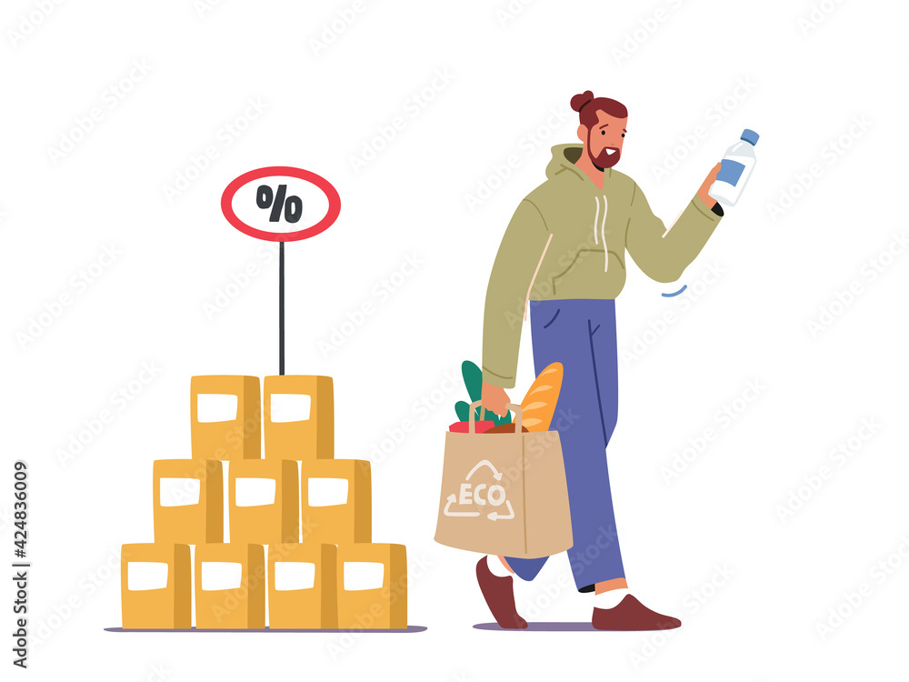 Customer Male Character with Eco Bag in Hands Visiting Grocery or Supermarket for Buying Goods. Man Hold Paper Package