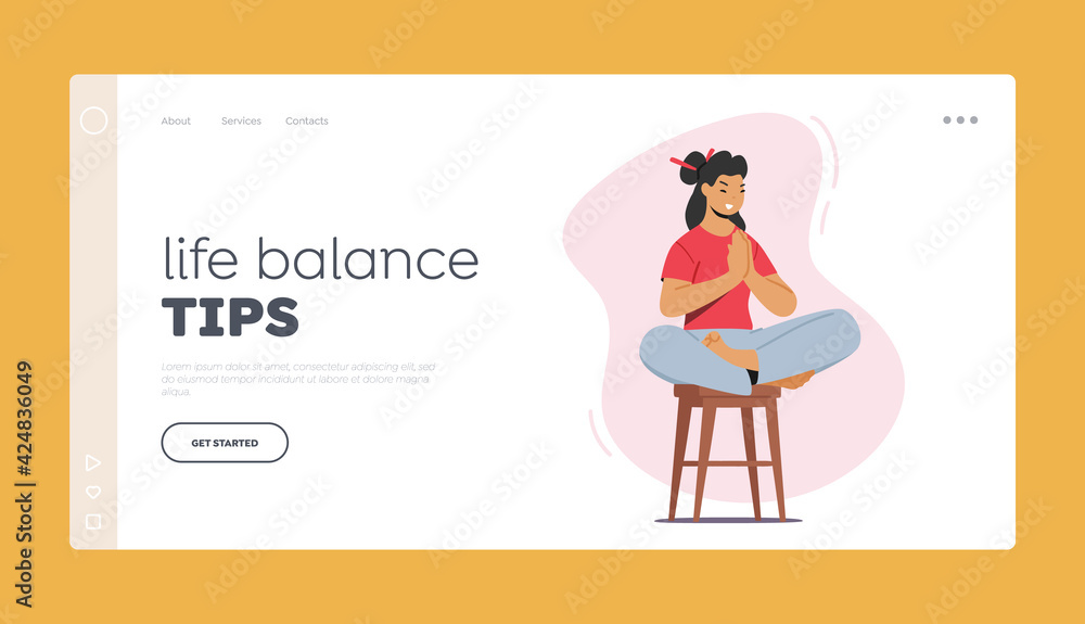 Life Balance Tips Landing Page Template. Yoga Relaxation, Tranquil Woman Meditating. Asian Girl Sit in Lotus Posture