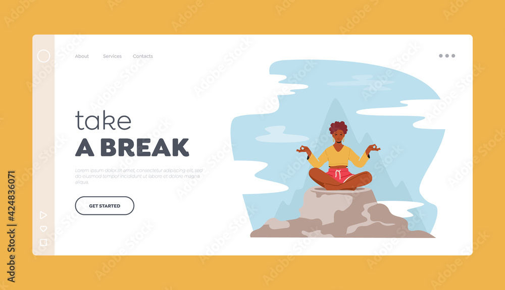Fototapeta premium Take a Break Landing Page Template. Tranquil Woman Meditating in Lotus Pose Sitting on Mountain Peak, Outdoors Yoga