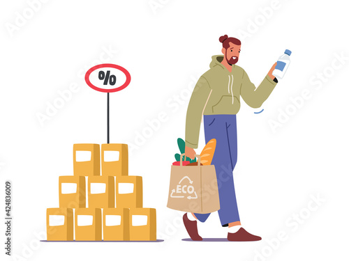 Customer Male Character with Eco Bag in Hands Visiting Grocery or Supermarket for Buying Goods. Man Hold Paper Package