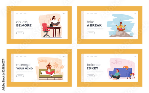 Tranquil Women Meditating at Home, Office and Outdoor Landing Page Template Set. Relaxation, Harmony, Emotional Balance