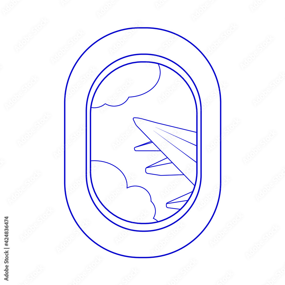 Vector line aircraft window with wing and clouds outside. Vector line aircraft window with wing and clouds outside.