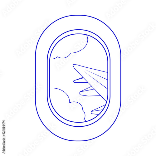 Vector line aircraft window with wing and clouds outside.