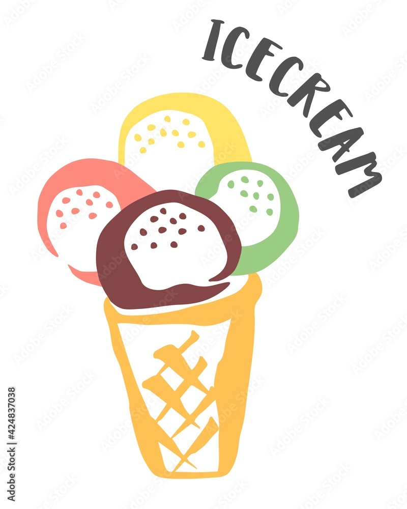 Ice Cream in a waffel cone drawing hand painted with ink brush Ice Cream in a waffel cone drawing hand painted with ink brush