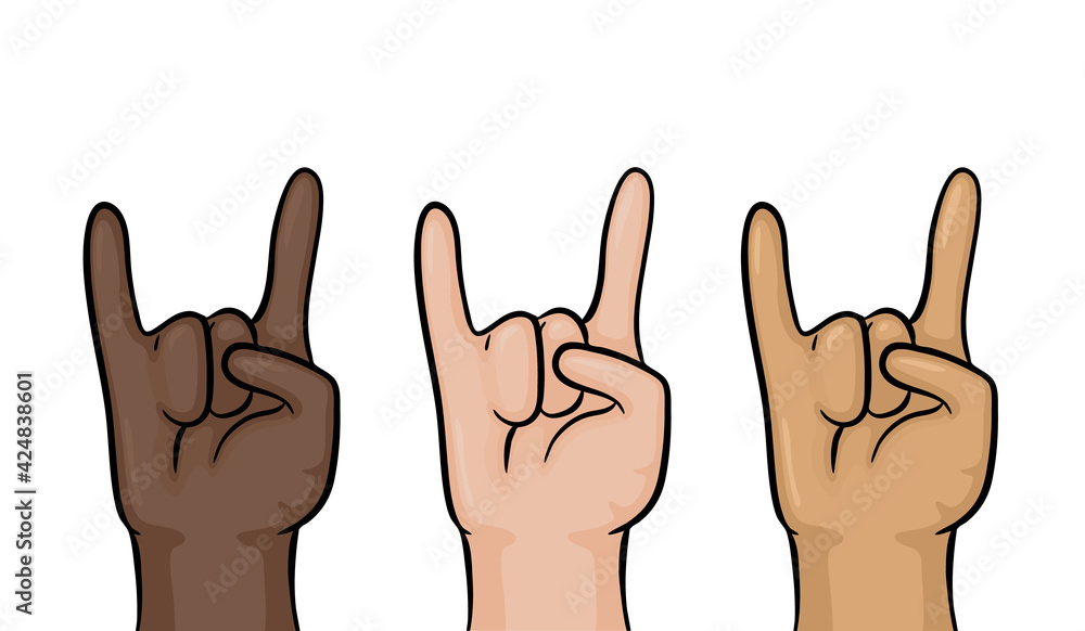Rock hand isolated on white. Colorful cartoon cool hand gesture symbol in different skin color. Rock hand isolated on white. Colorful cartoon cool hand gesture symbol in different skin color.