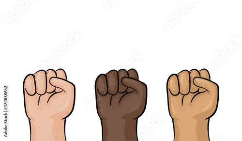 Human fist isolated on white. Colorful cartoon human fist in different skin color.