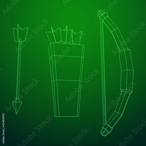 Medieval Bow and arrow archer weapon. Wireframe low poly mesh vector illustration.