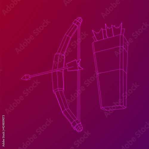 Medieval Bow and arrow archer weapon. Wireframe low poly mesh vector illustration.