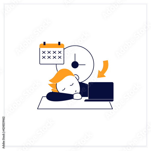 Crisis marker procrastinator flat icon.Laziness. Defer Task. Sleep at workplace. Working on stressful situation.Procrastination concept.Vector illustration