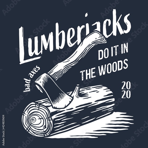 Lumberjack wood log with rings and ax for logo and emblem of carpenter. Timber or lumber with axe for t-shirts print design of axeman, woodsman