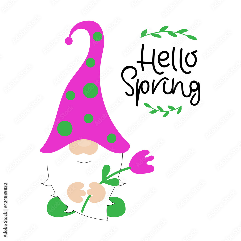 Naklejka premium Hello Spring typography poster. Lettering with cnome. Inspiring motivational phrase, scandinavian style saying.Greeting card, poster, T shirt print design.