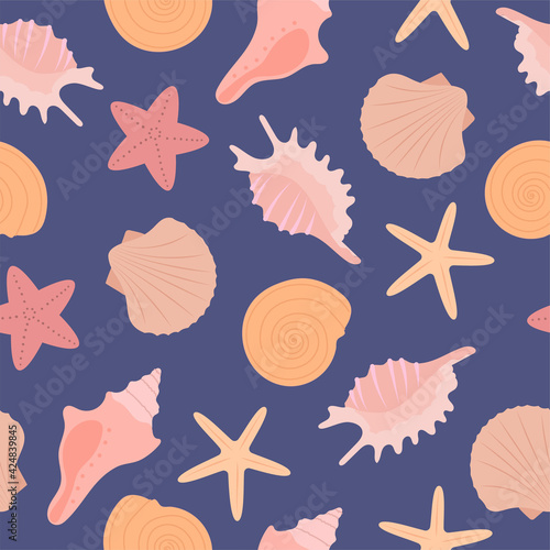 Marine seamless pattern with seashell and starfish on blue background