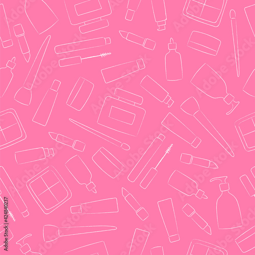 White and pink cosmetics and makeup seamless pattern. Line art style. 