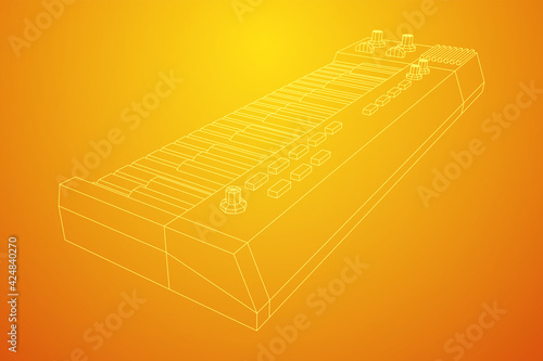 Piano roll analog synthesizer faders buttons knobs. Wireframe low poly mesh vector illustration.