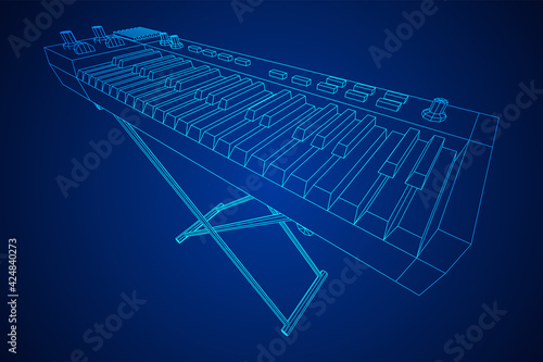 Piano roll analog synthesizer faders buttons knobs. Wireframe low poly mesh vector illustration.