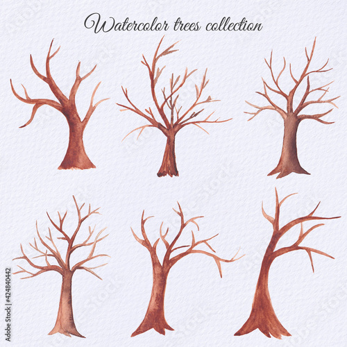 Watercolor trees with no leaves, dry, bare tree