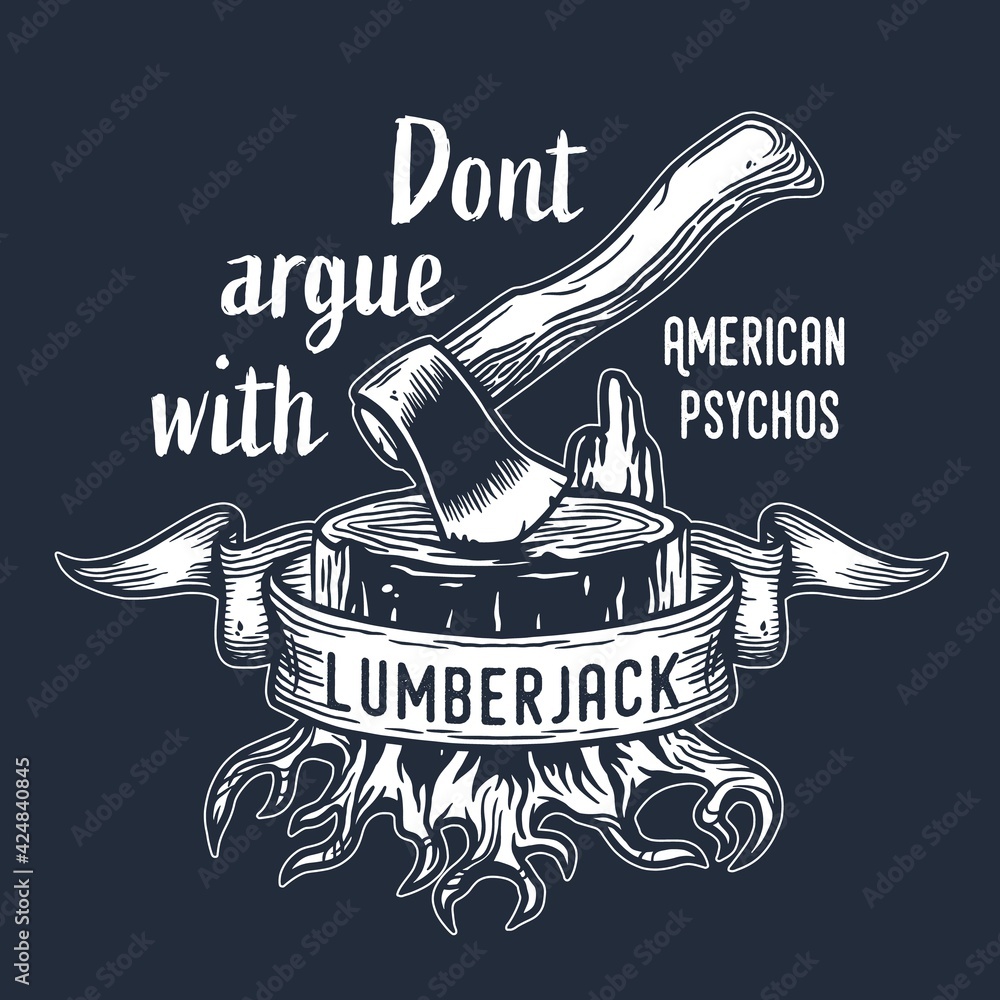 Lumberjack wood stump with axe logo or emblem for carpenter. Ax and ...