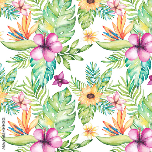 Tropical summer pattern with watercolor flowers
