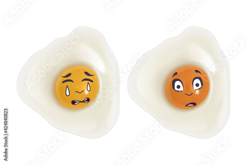 Broken egg with outraged emotions, crying and surprised emotions of eggs on a white background