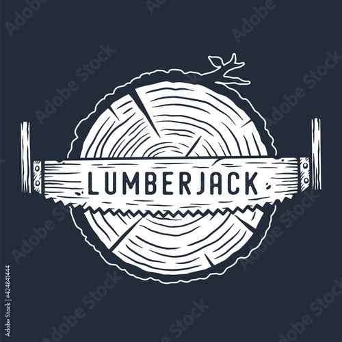 Lumberjack wood log with rings and saw for logo and emblem of carpenter. Timber or lumber with hacksawfor t-shirts print design of axeman, woodsman