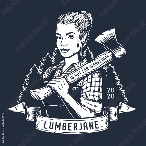 Lumberjack woman of carpenter or female axeman. Woodworker and logger with axe in hand. Monochrome print photo