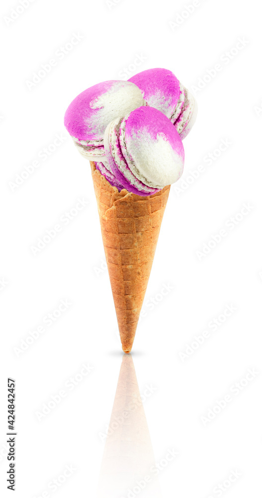 Concept for creative ice cream made from waffle glass and French lilac macarons. Concept for creative ice cream made from waffle glass and French lilac macarons.