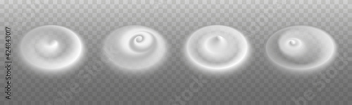 Cream mousse or foam. Spiral swirl splash. Whipped cream, yogurt, mayonnaise, frothy milky  desser, cosmetic skincare. Set of isolated blobs on transprent background. Vector illustration
