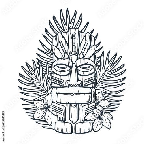 Design of trendy hawaii wooden tiki mask for surfing bar. Traditional ethnic idol and hawaiian surf, maori or polynesian. Old tribal totem