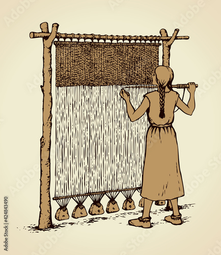 Vector illustration. Woman weaves in ancient loom