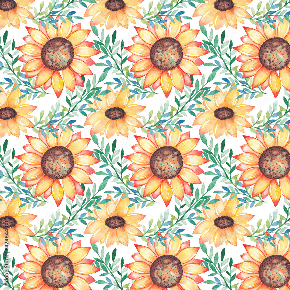 Watercolor tropical pattern with sunflowers