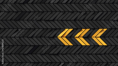 Abstract black rectangular background with yellow fields showing arrow; dark pattern with chevron arrow graphic; minimal cubical backdrop; simple geometric mesh; 3d rendering, 3d illustration