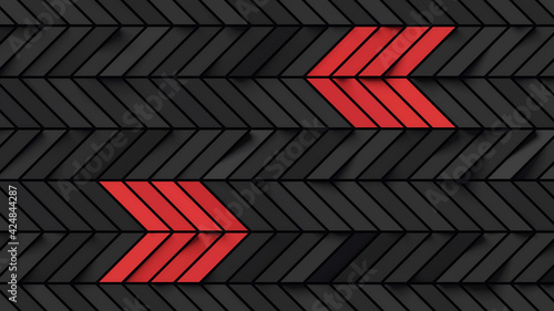 Abstract black rectangles background with red stripes forming left and right arrows; diagonal dark chevron pattern; minimal cubical backdrop; top view; 3d rendering, 3d illustration