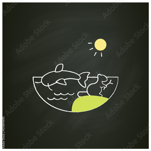 Freshwater chalk icon. Water except seawater and brackish water. Living place for fish, crawfish, beaver. Riverscape. Isolated vector illustration on chalkboard