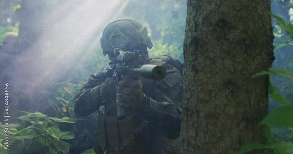 Silhouette of the Fully Equipped Soldier Moving Through Smokey Forest. Military action Silhouette of the Fully Equipped Soldier Moving Through Smokey Forest. Military action