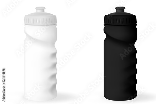 Water Bottle white, Silver and Black Empty Glossy Metal Reusable Water Bottle. Illustration of container water for sport bike and fitness. Vector realistic 3d.